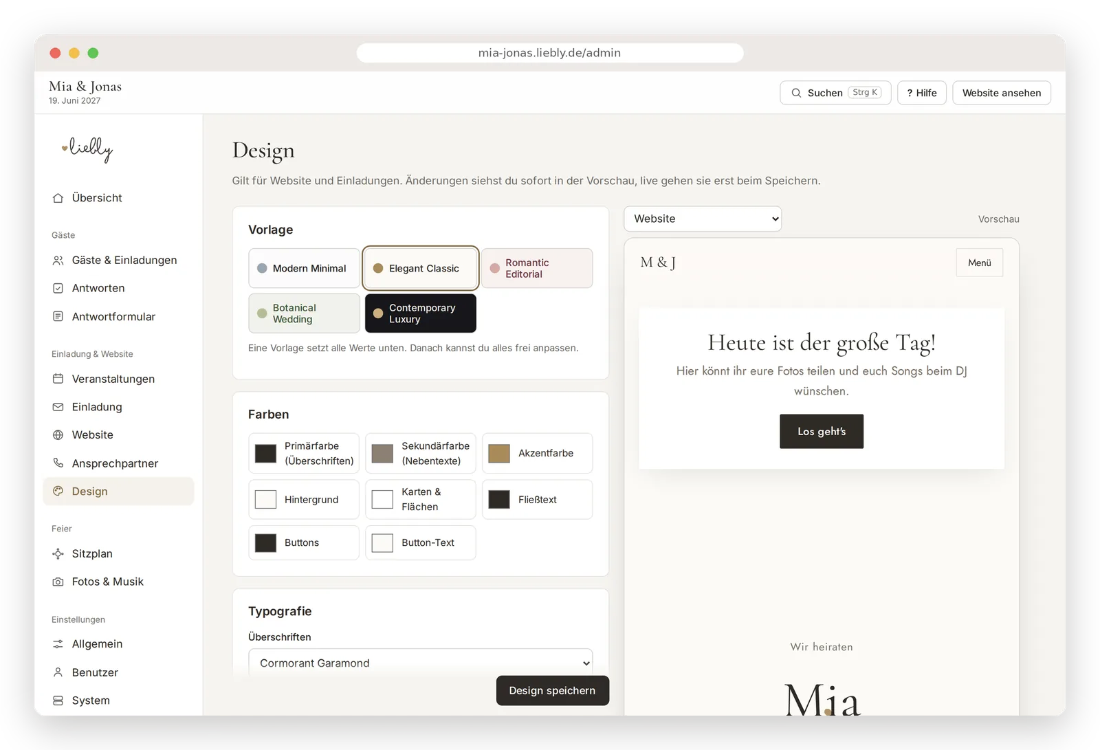 Design-Einstellungen mit Farben, Schriften und Live-Vorschau