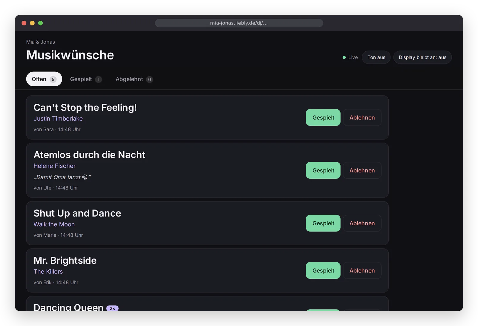 DJ-Ansicht mit eingehenden Musikwünschen