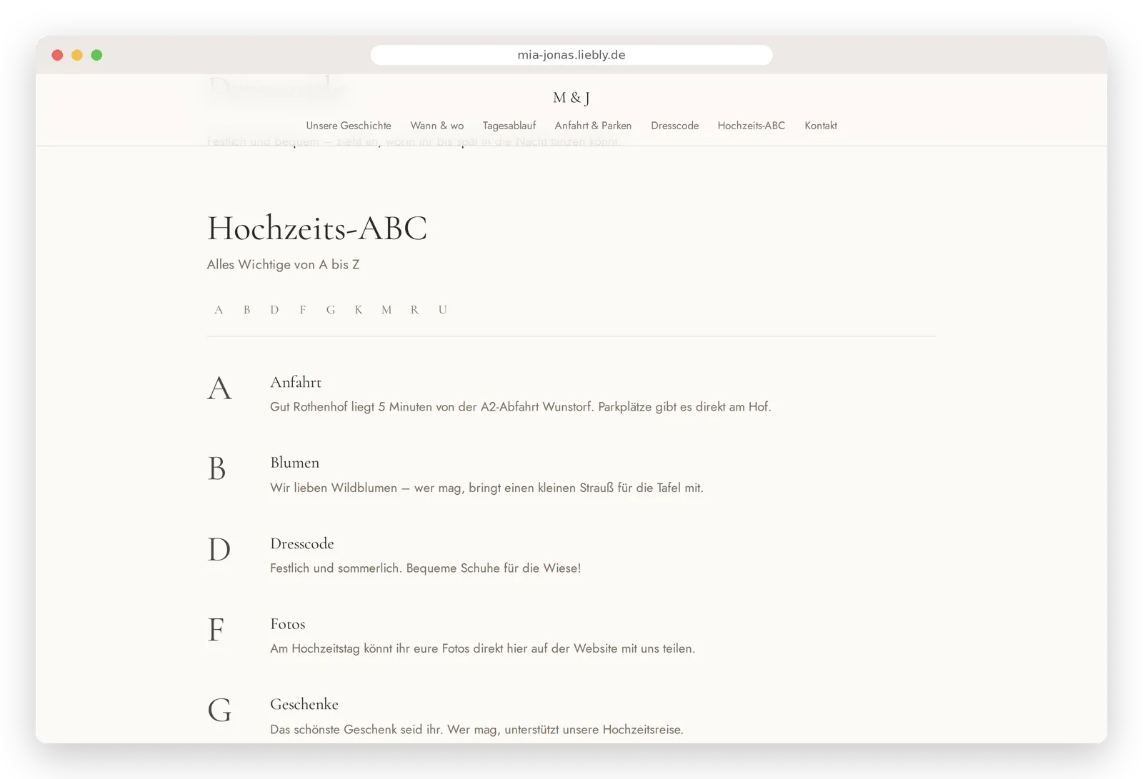 Hochzeits-ABC mit Buchstaben-Navigation