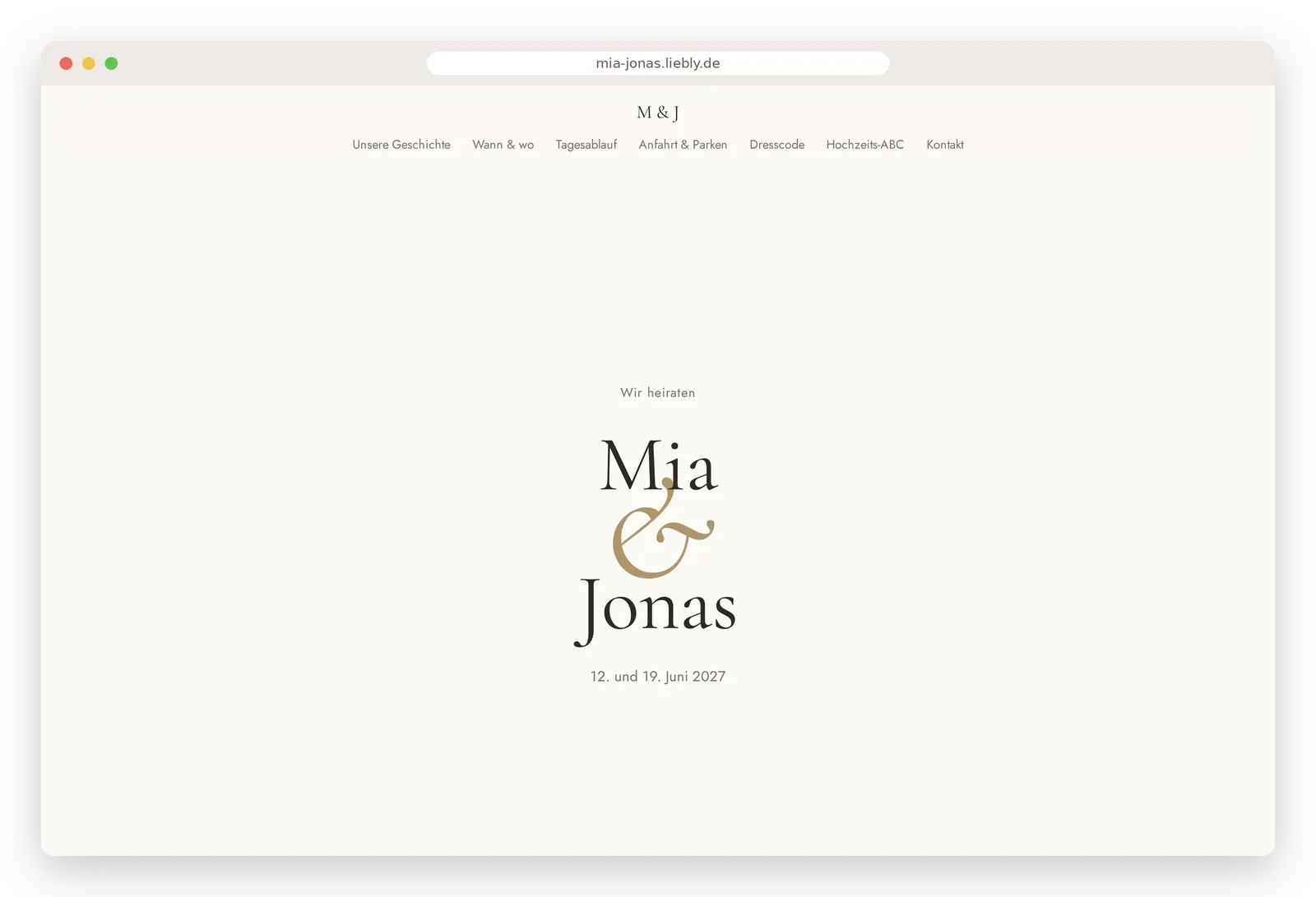 Startseite einer Hochzeitswebsite von Mia & Jonas