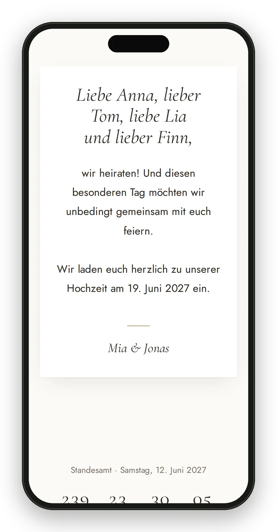 Persönliche Hochzeitseinladung mit Anrede auf dem Handy