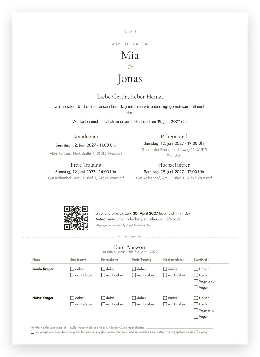 Gedruckte Hochzeitseinladung mit QR-Code und Antwortkarte